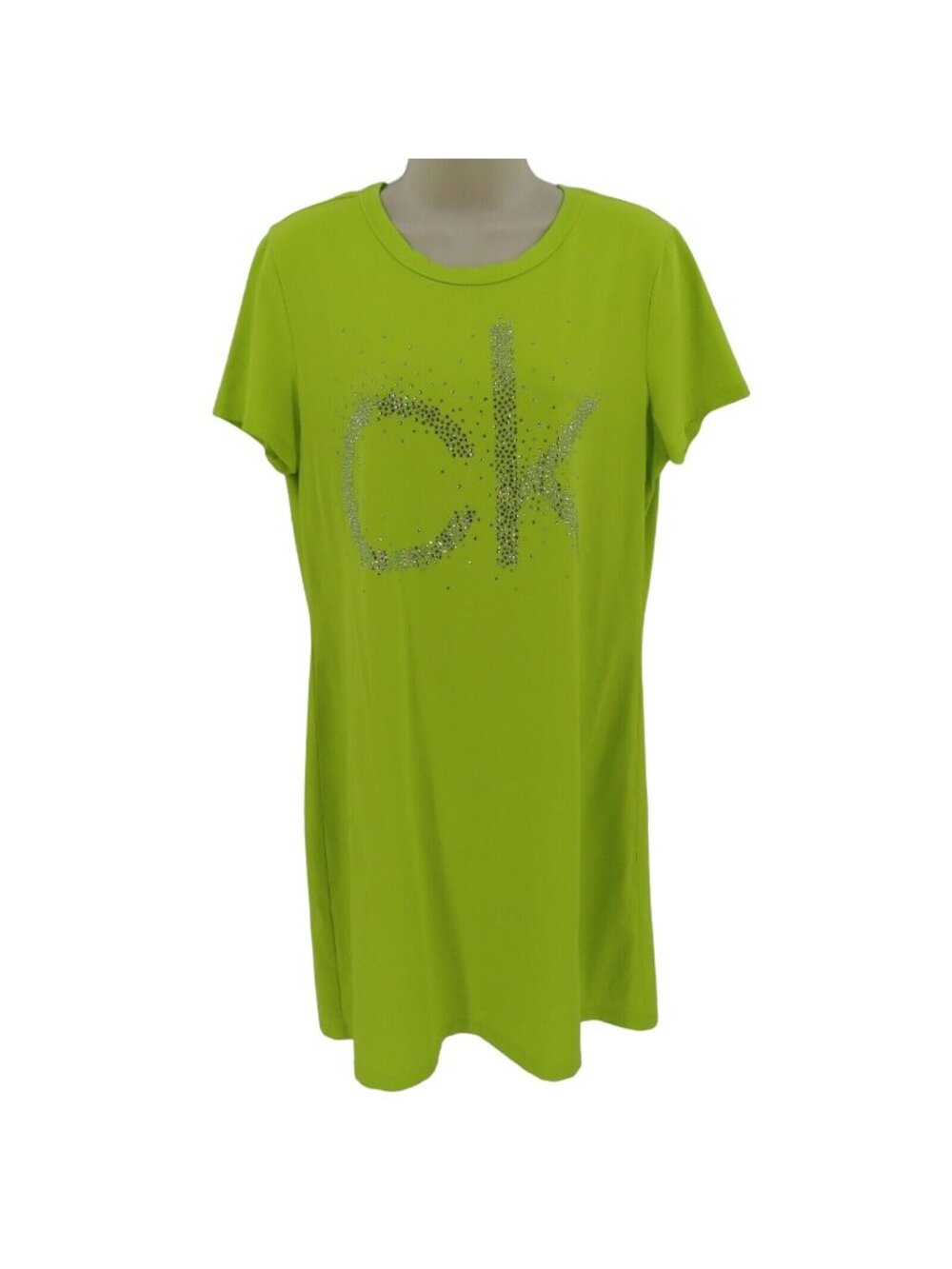 Calvin Klein Womens Large Yellow Green White Rhinestone Bling Tee T Shirt Dress